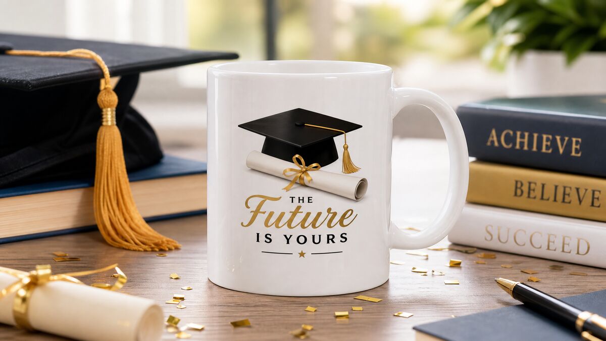 Taza personalizada de graduación con birrete y diploma